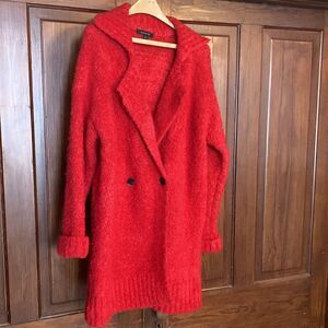 Ann Taylor Boucle Double Breasted Collared Red Long Coatigan Cardigan Coat M
